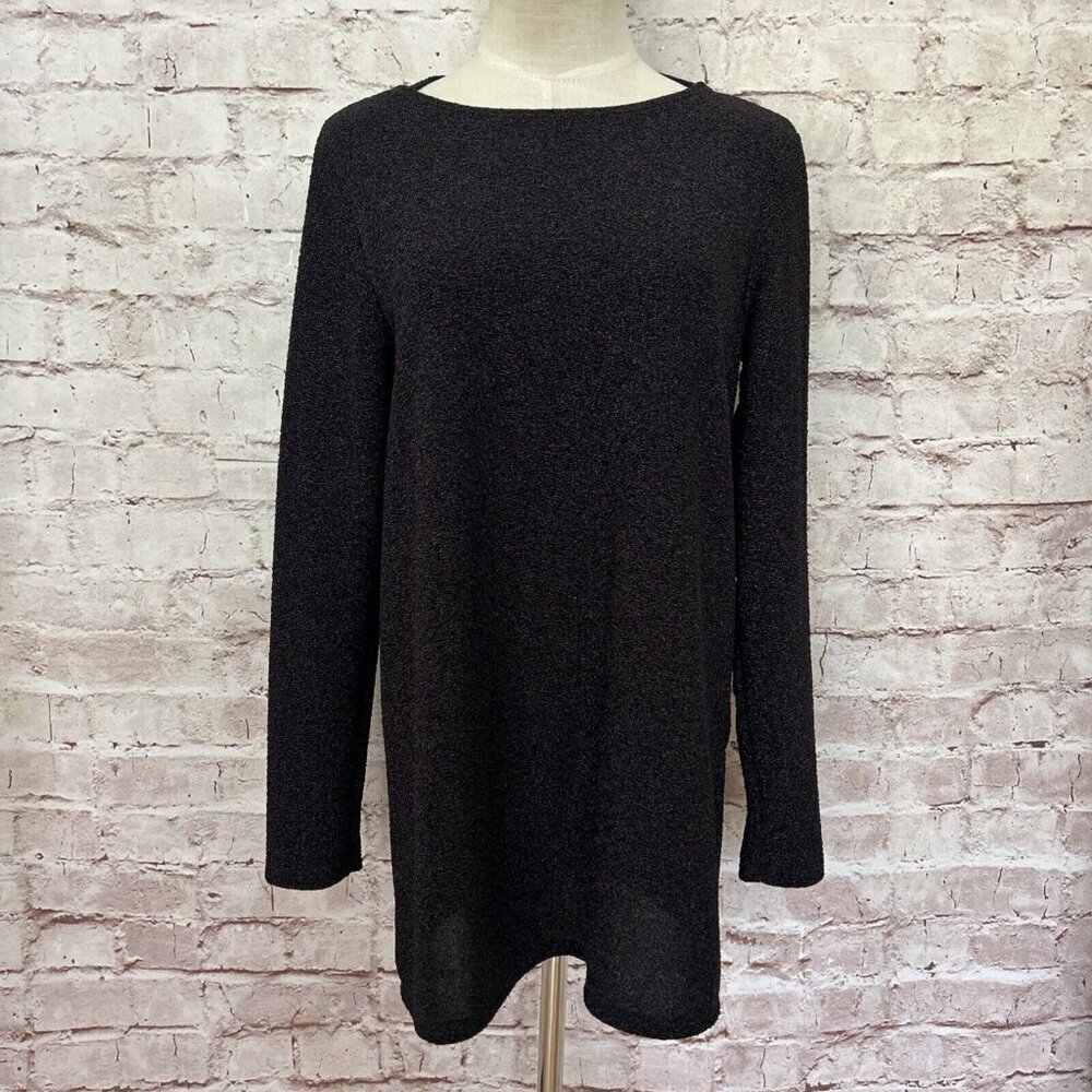 Clara Sun Woo Womens XS Black Shimmery Tunic Top Criss Cross Cut Out Long Sleeve